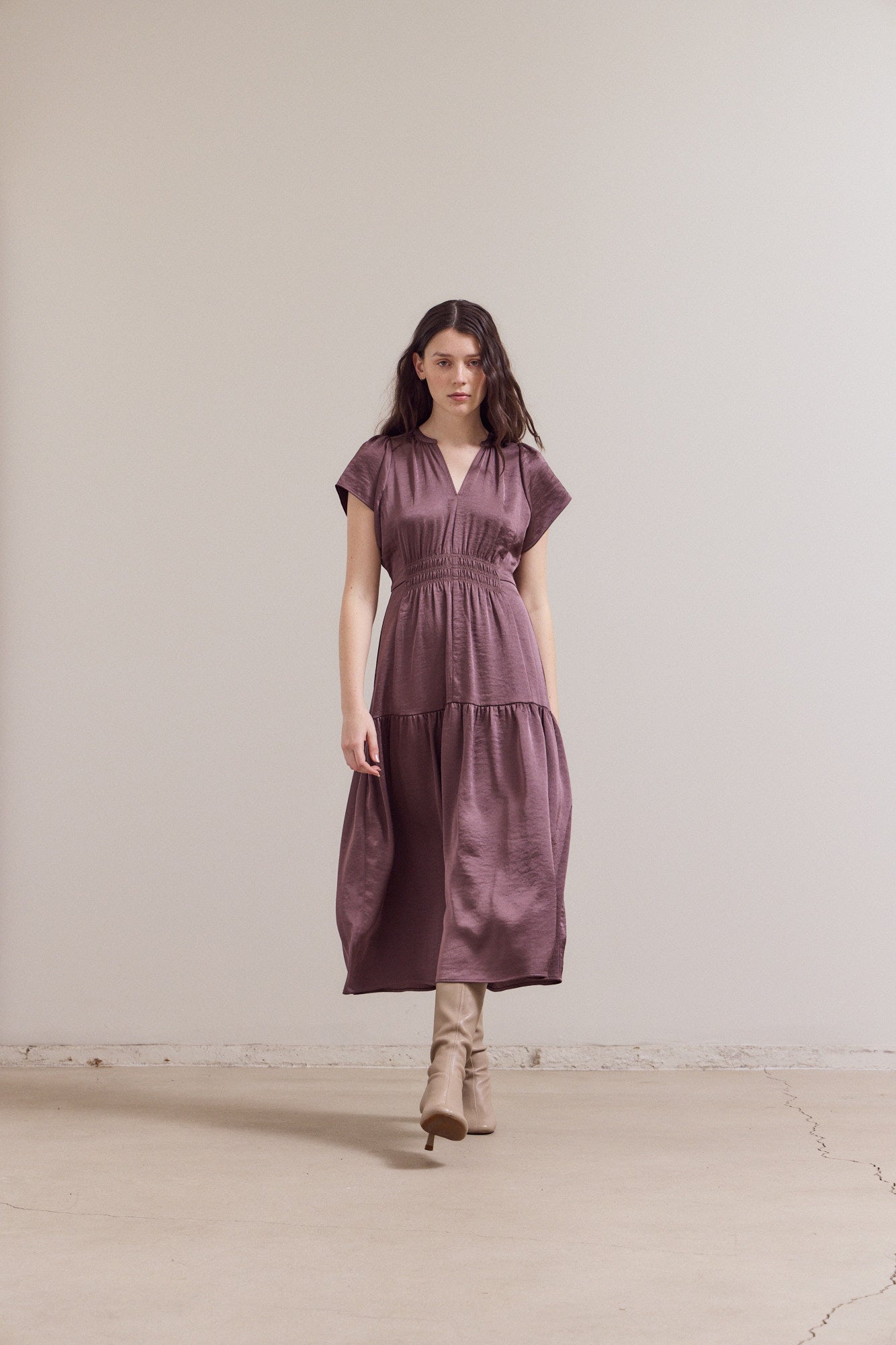 Ruffle Matte Satin Midi Dress