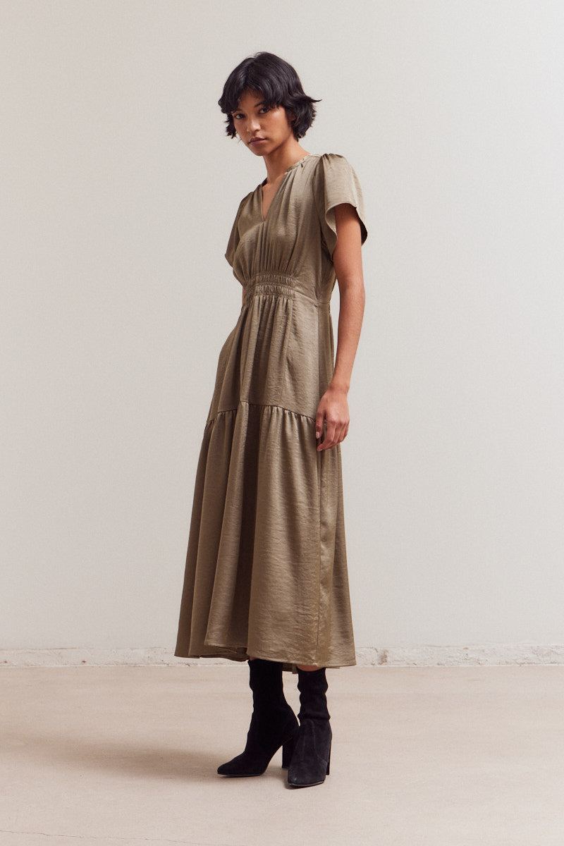 Ruffle Matte Satin Midi Dress