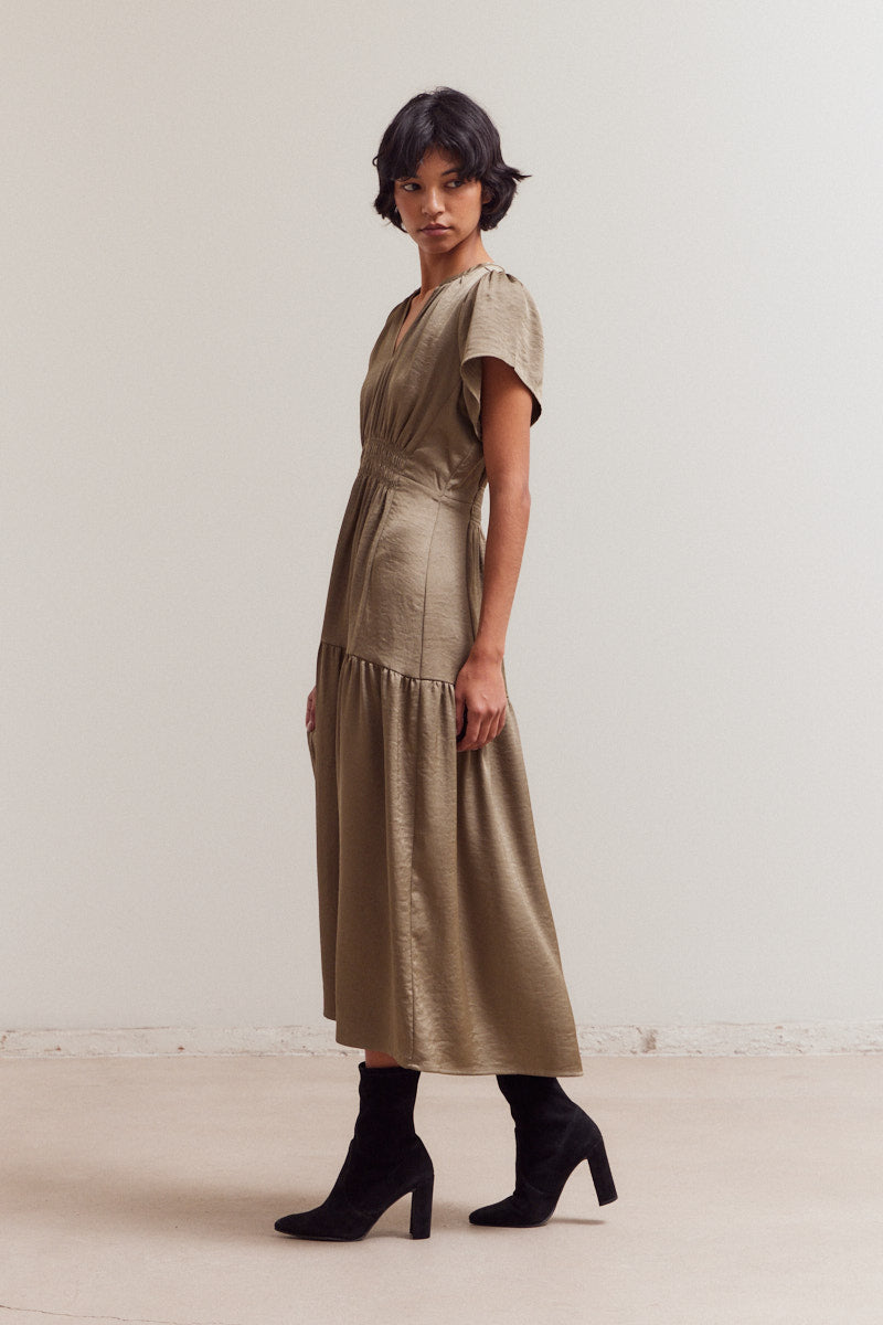 Ruffle Matte Satin Midi Dress