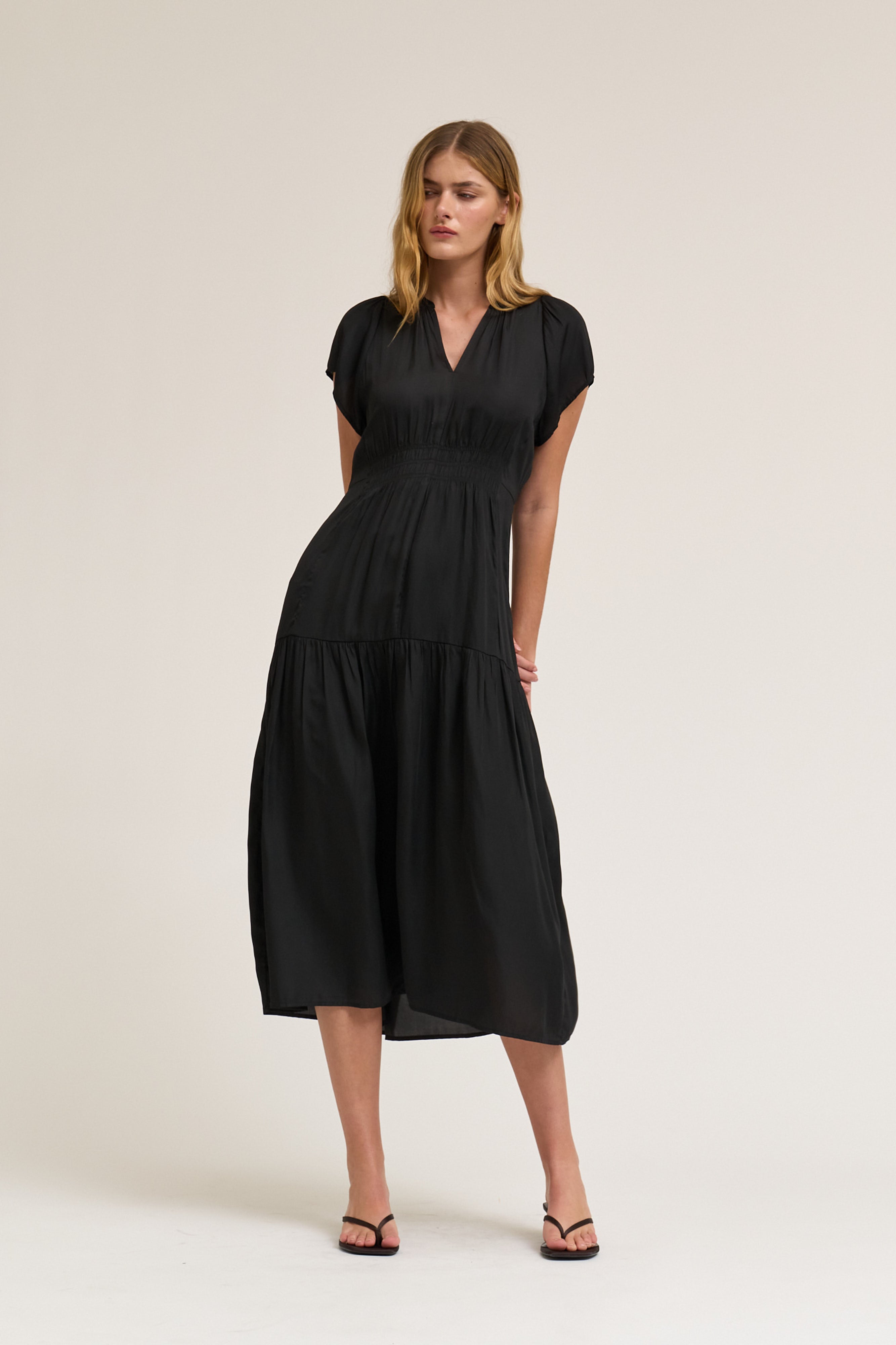 Ruffle Satin Midi Dress in Black
