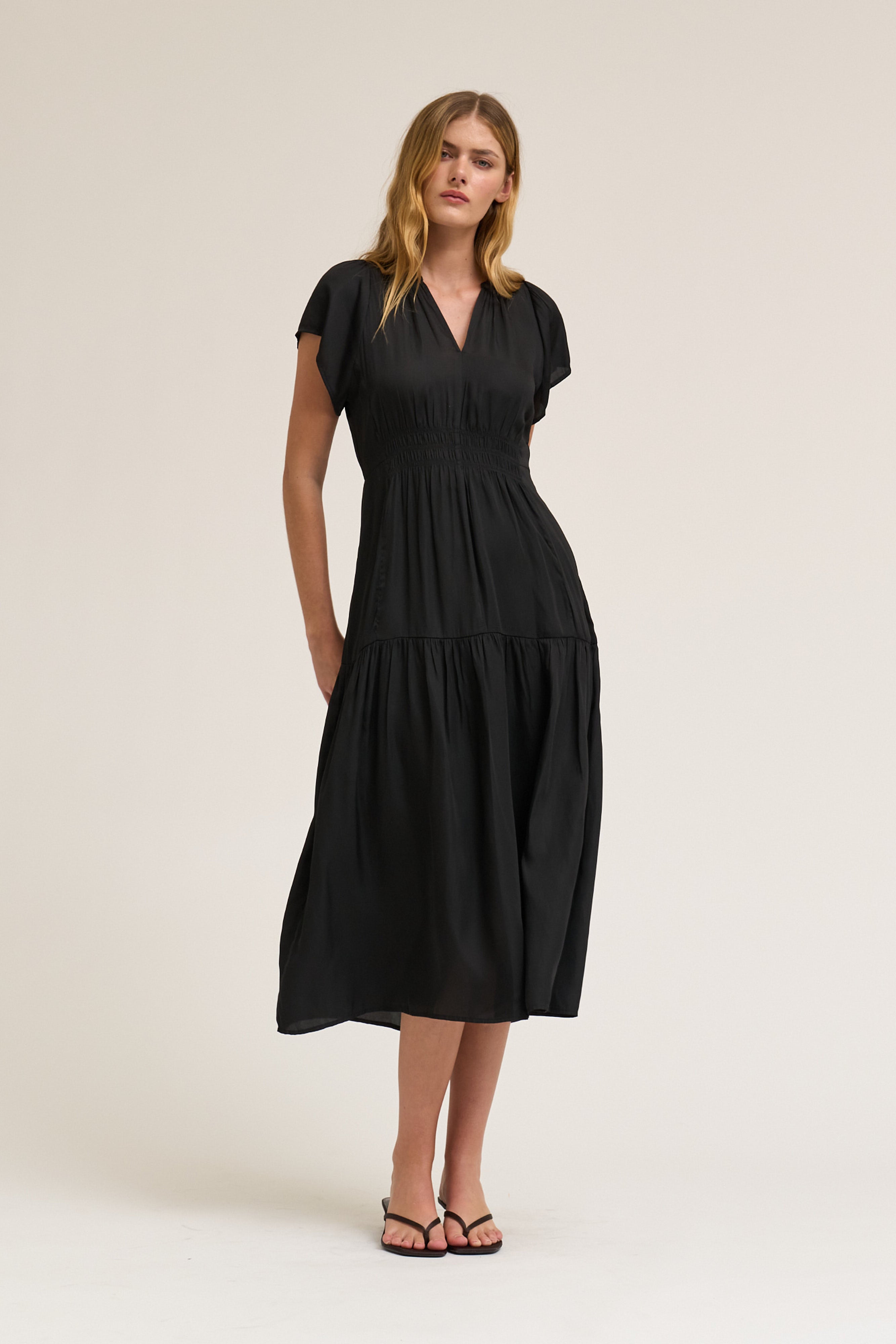Ruffle Satin Midi Dress in Black
