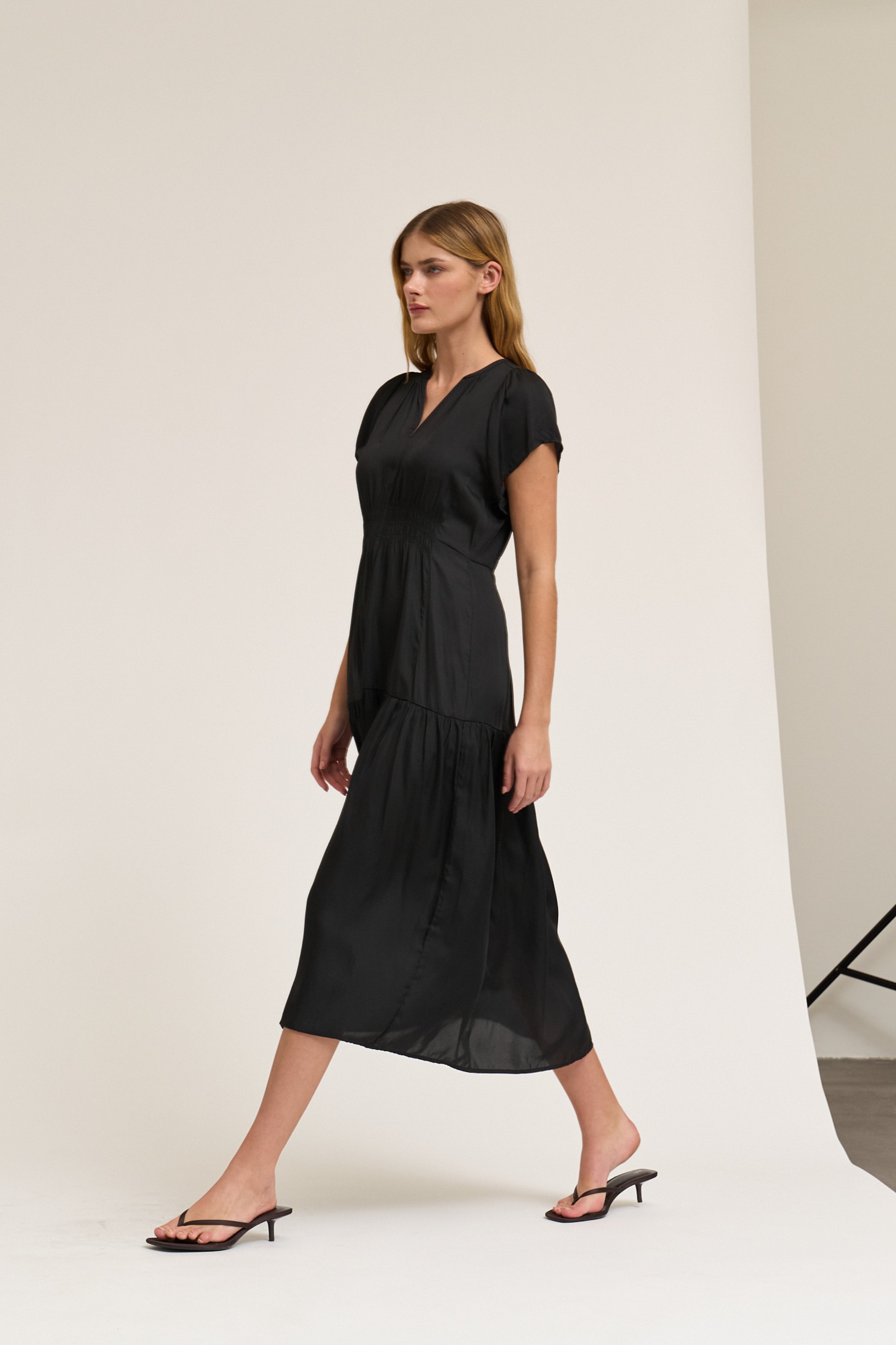 Ruffle Satin Midi Dress in Black