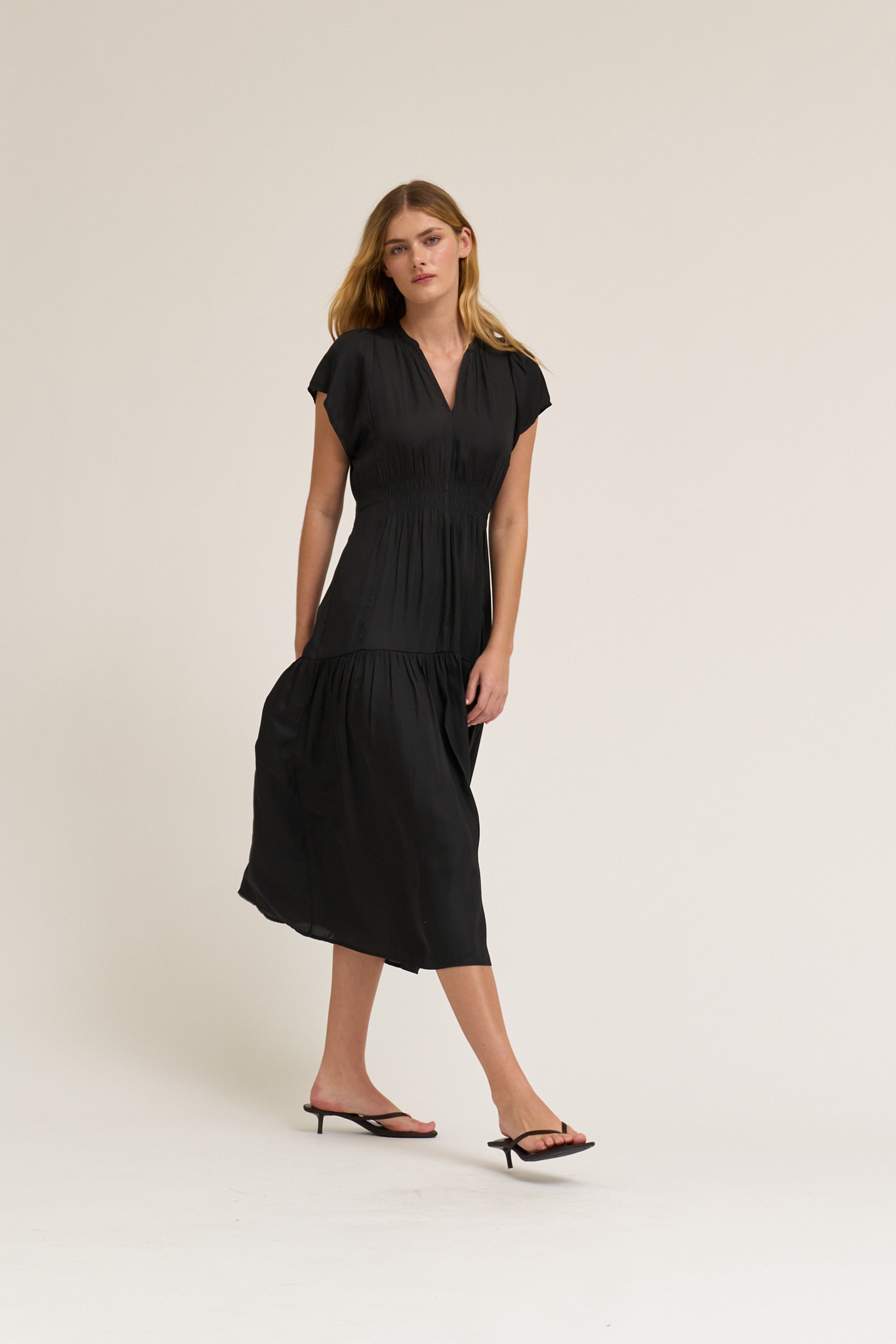 Ruffle Satin Midi Dress in Black