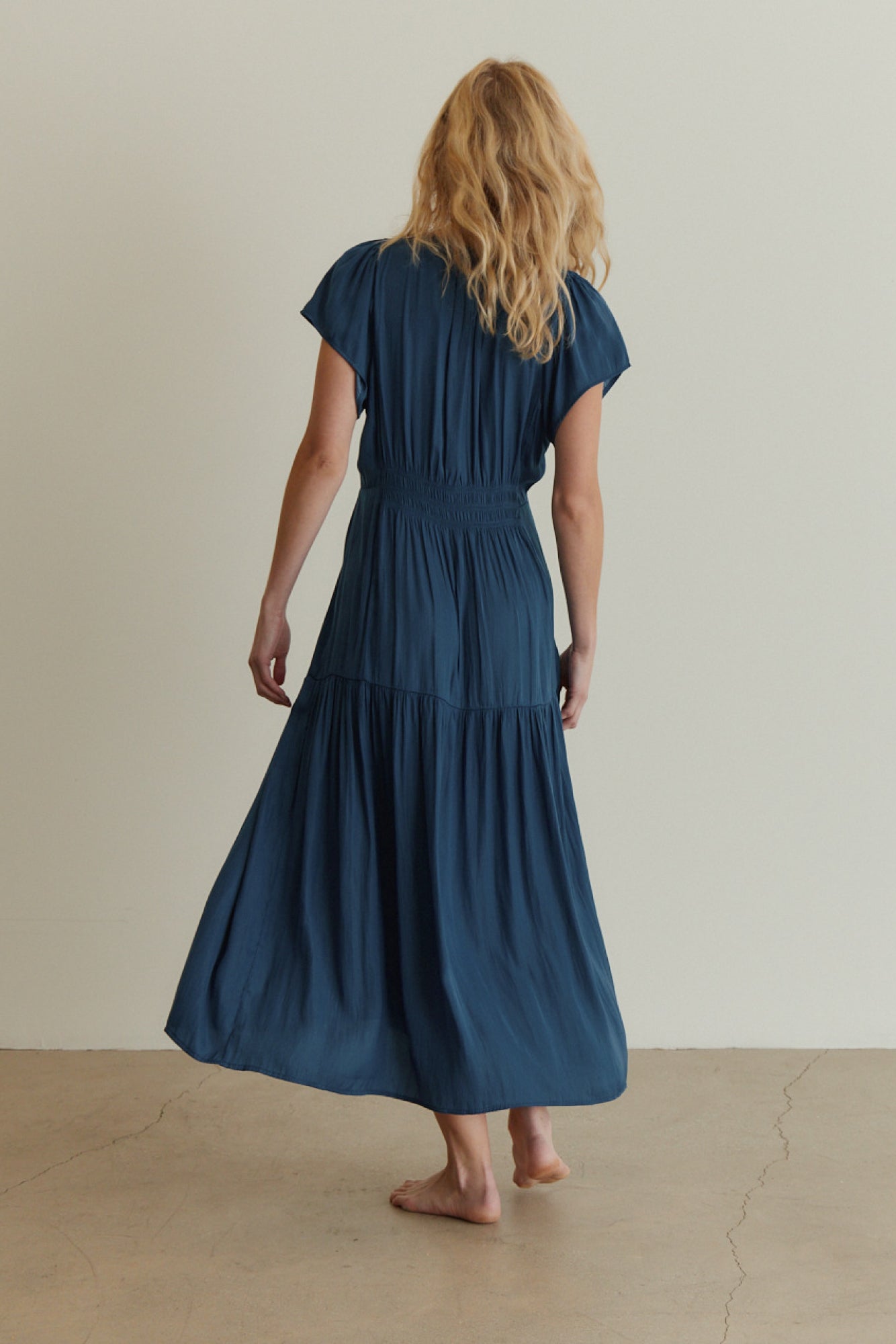 Ruffle Satin Midi Dress in Blue Bell