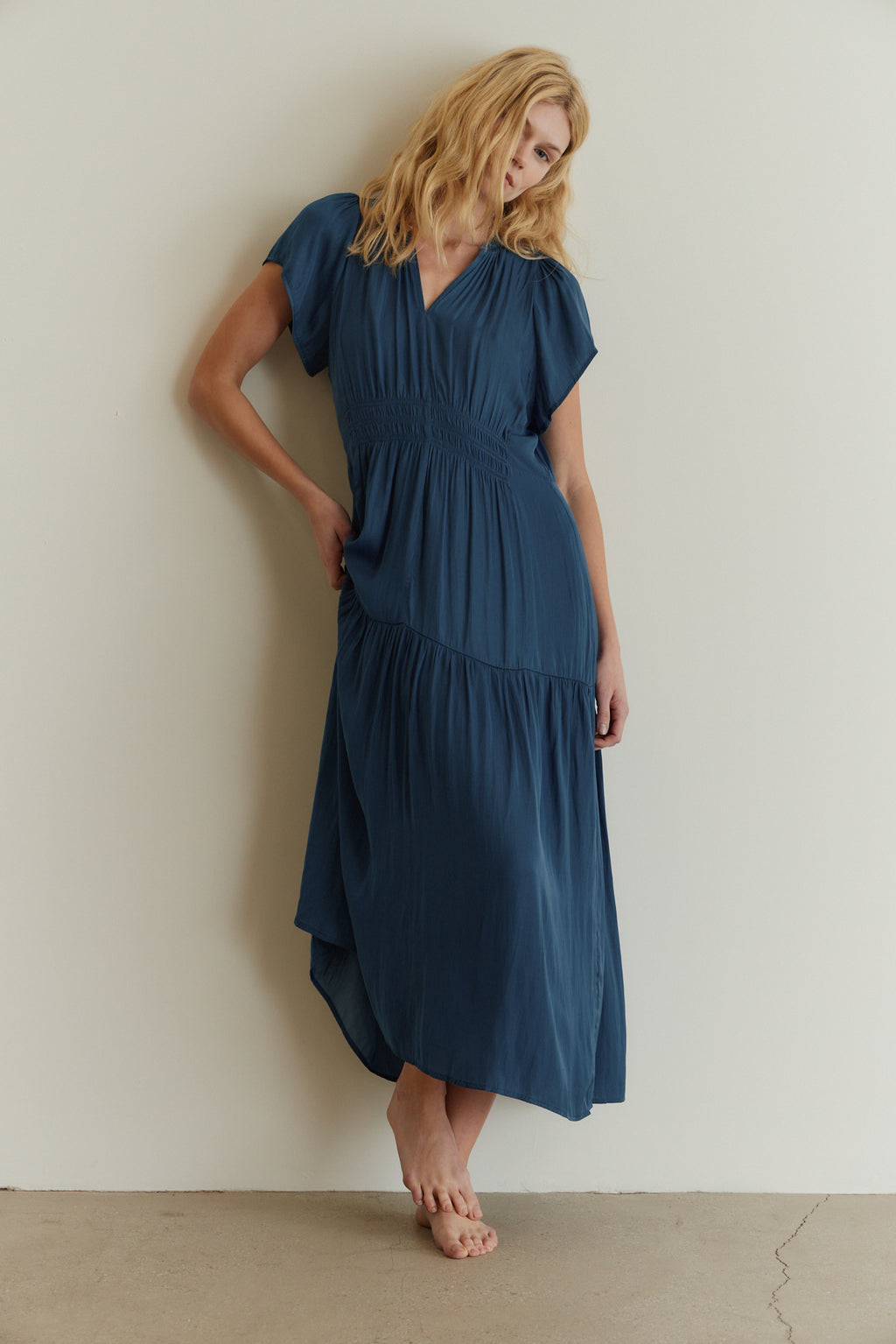 Ruffle Satin Midi Dress in Blue Bell