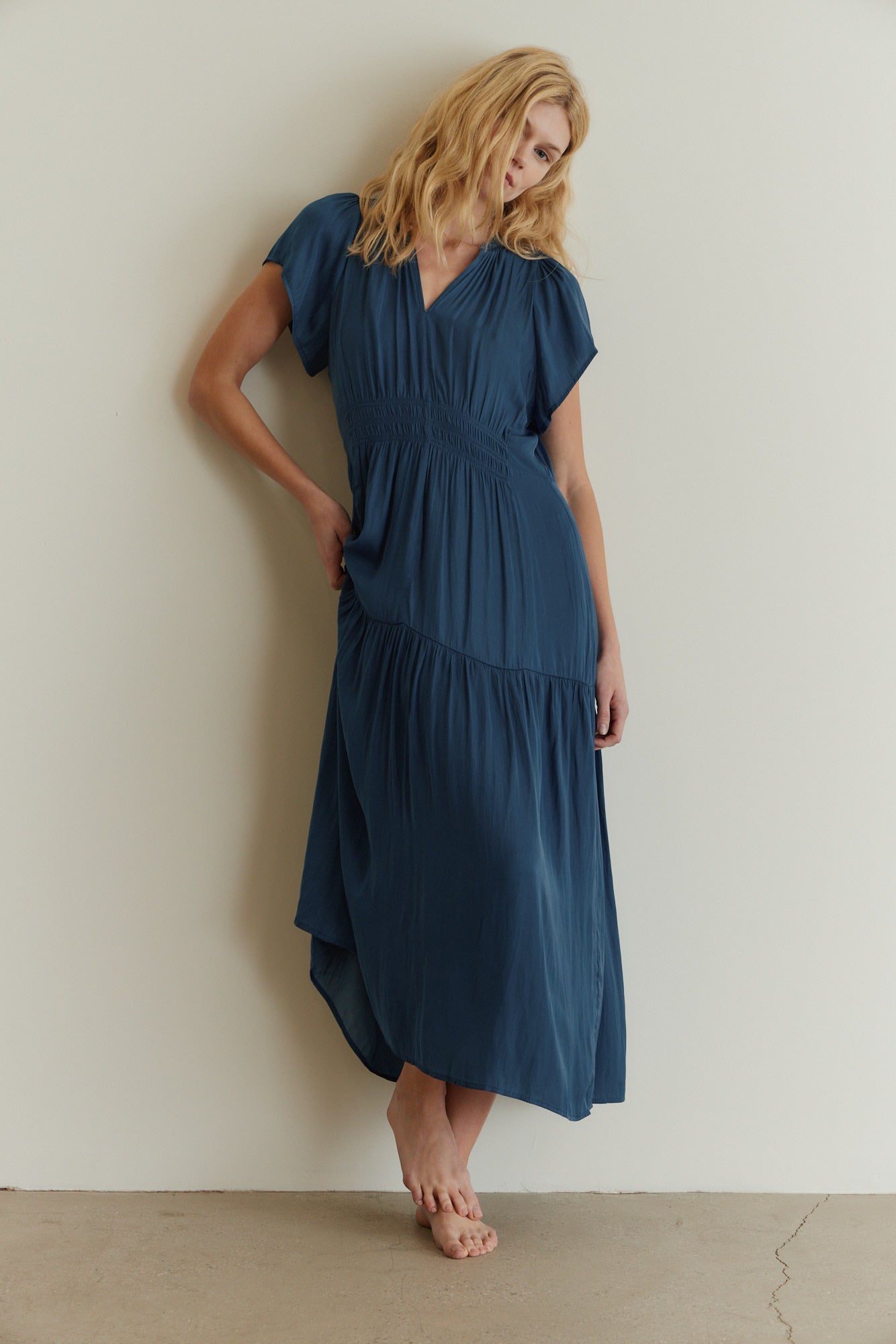 Ruffle Satin Midi Dress in Blue Bell
