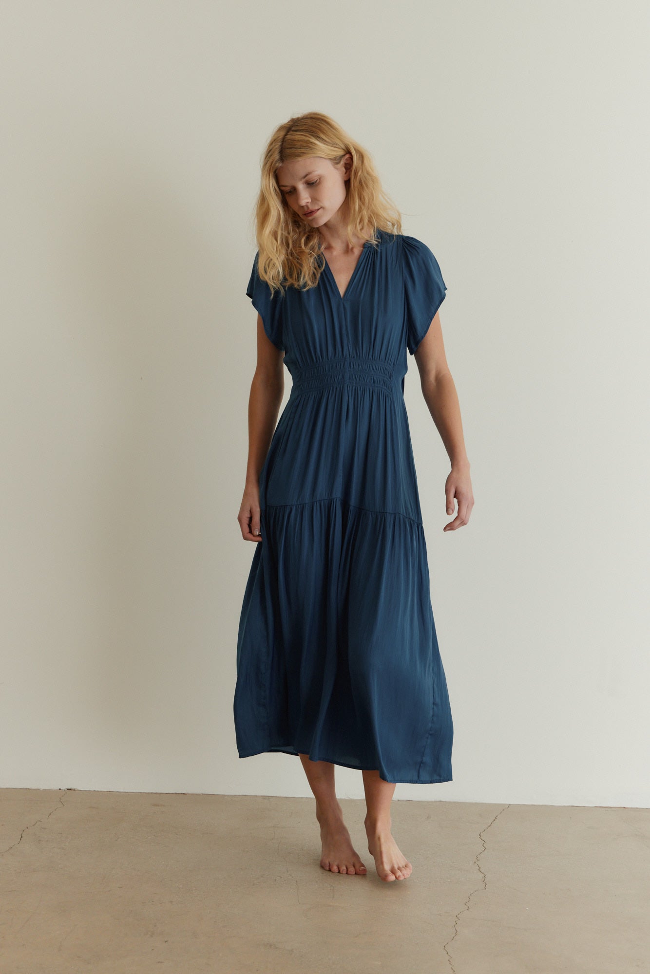 Ruffle Satin Midi Dress in Blue Bell