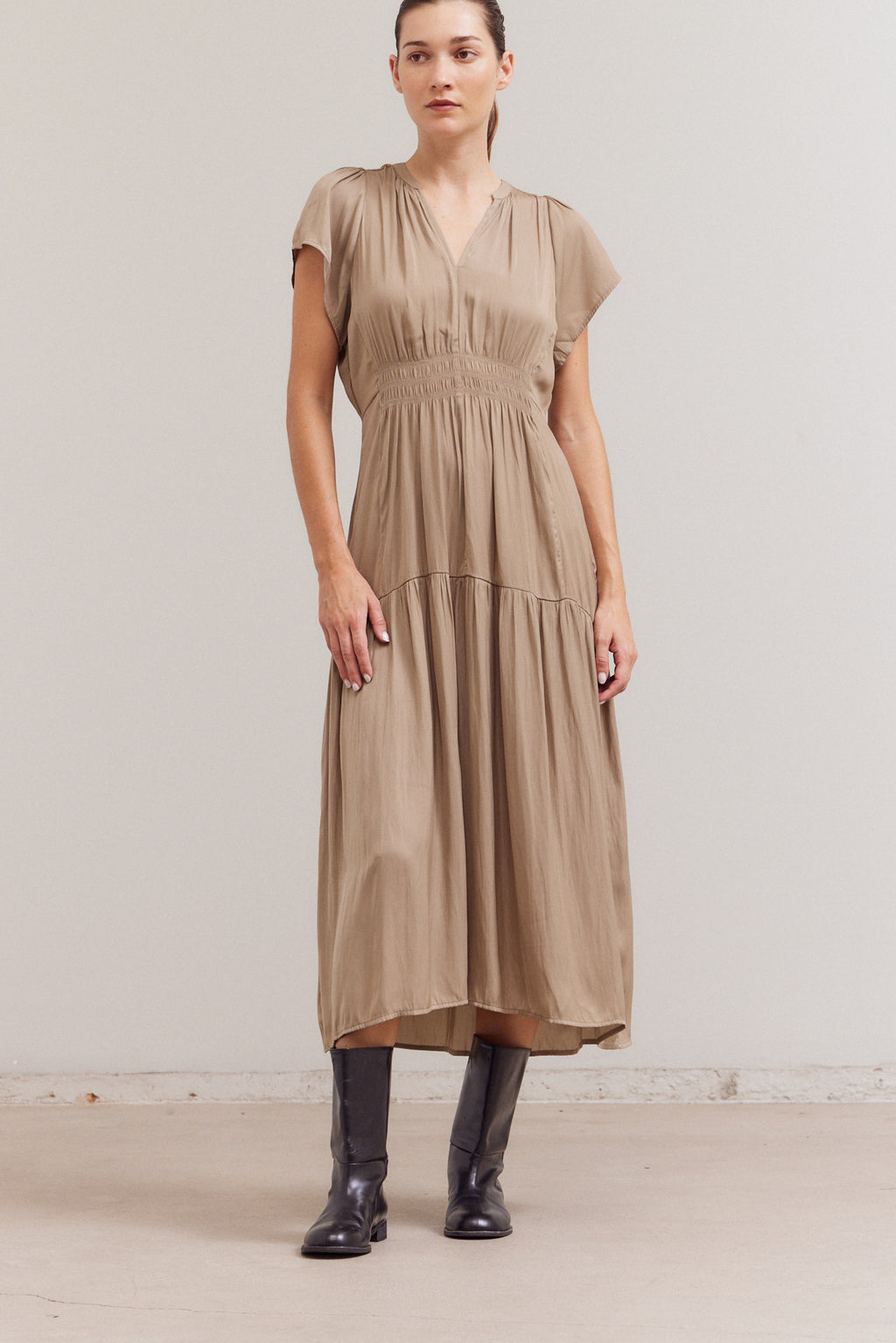 Ruffle Satin Midi Dress