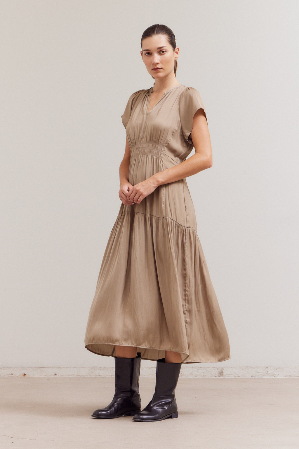 Ruffle Satin Midi Dress