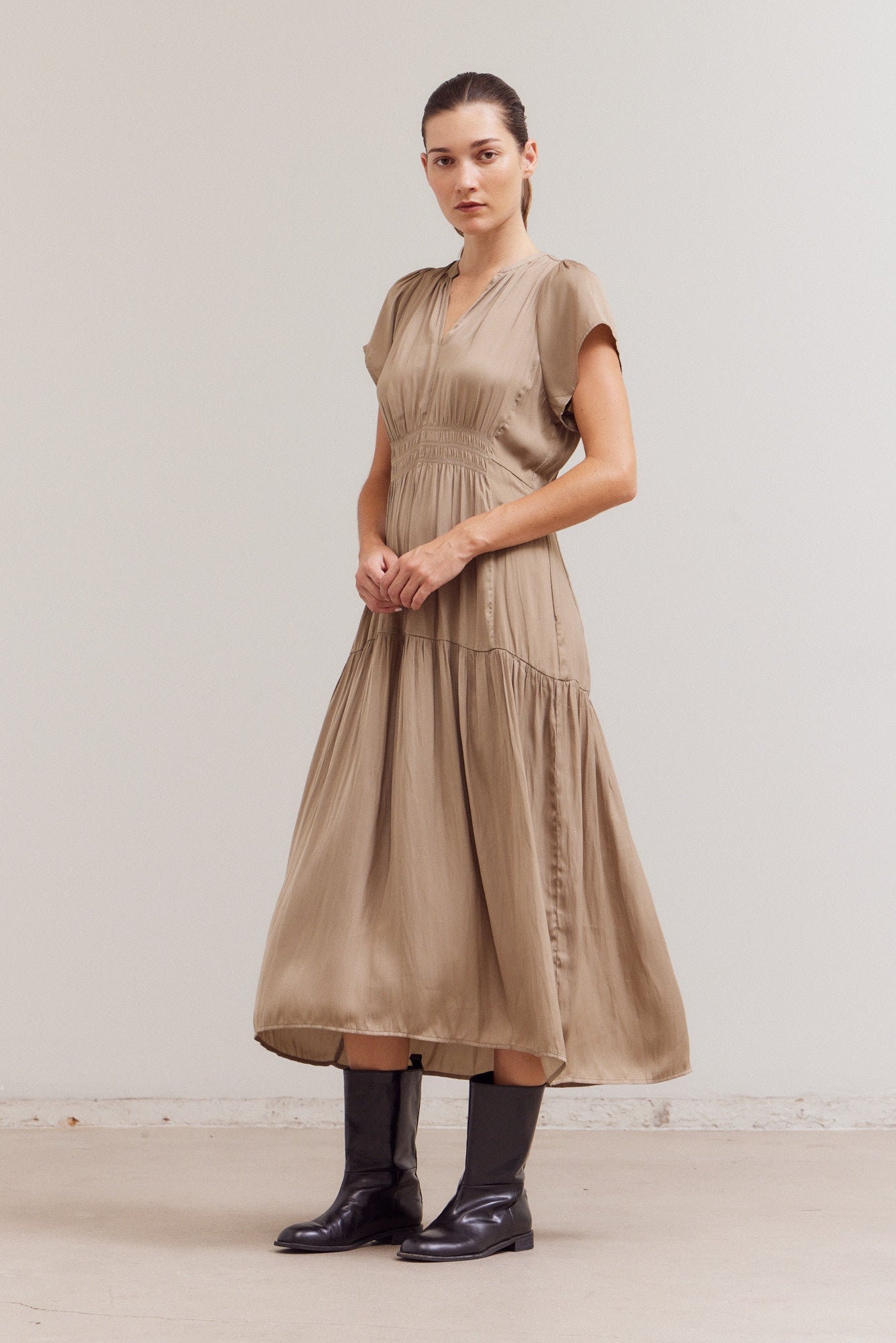 Ruffle Satin Midi Dress
