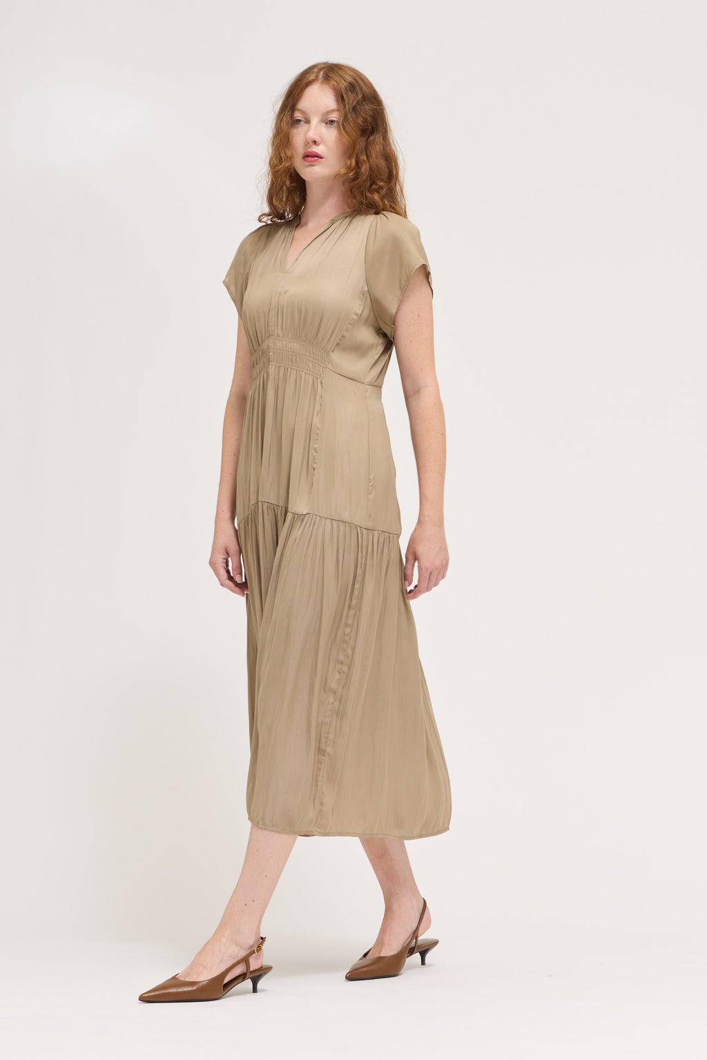 Ruffle Satin Midi Dress in Desert Taupe