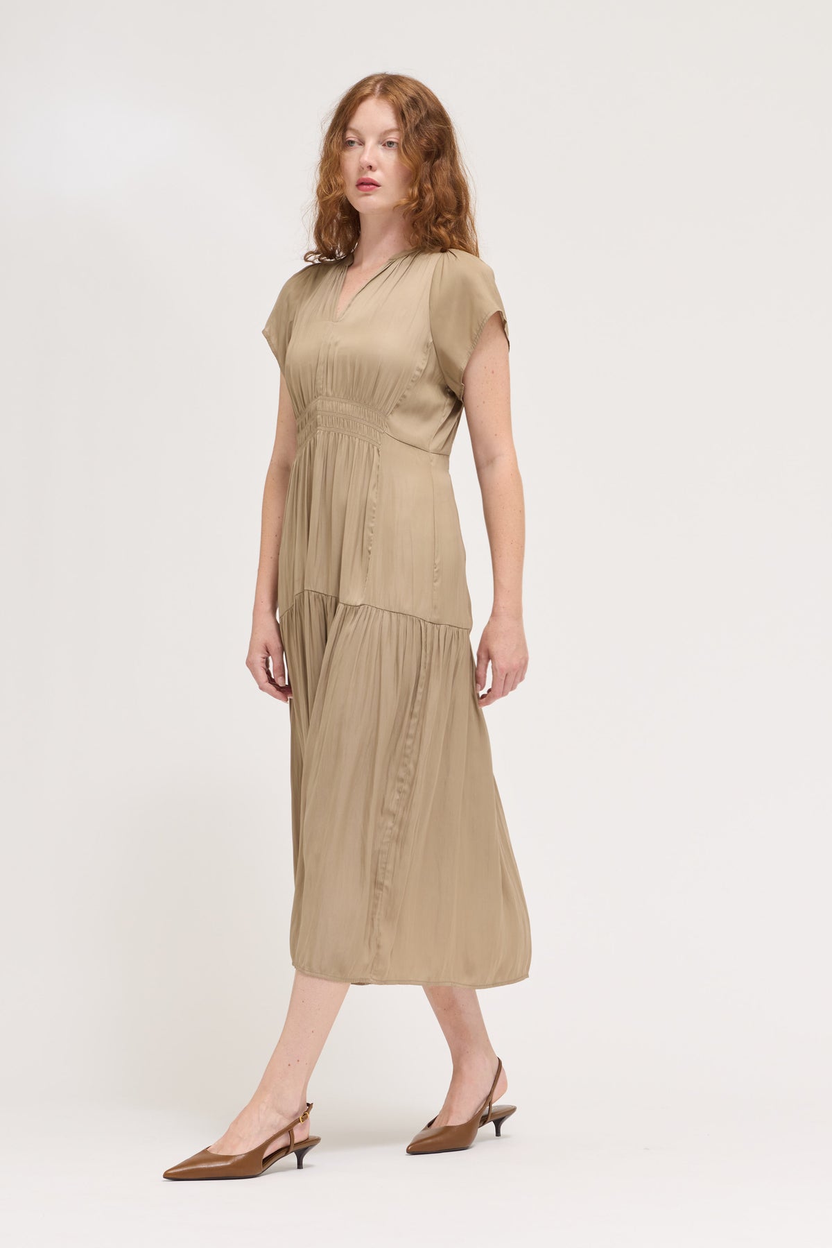 Ruffle Satin Midi Dress in Desert Taupe