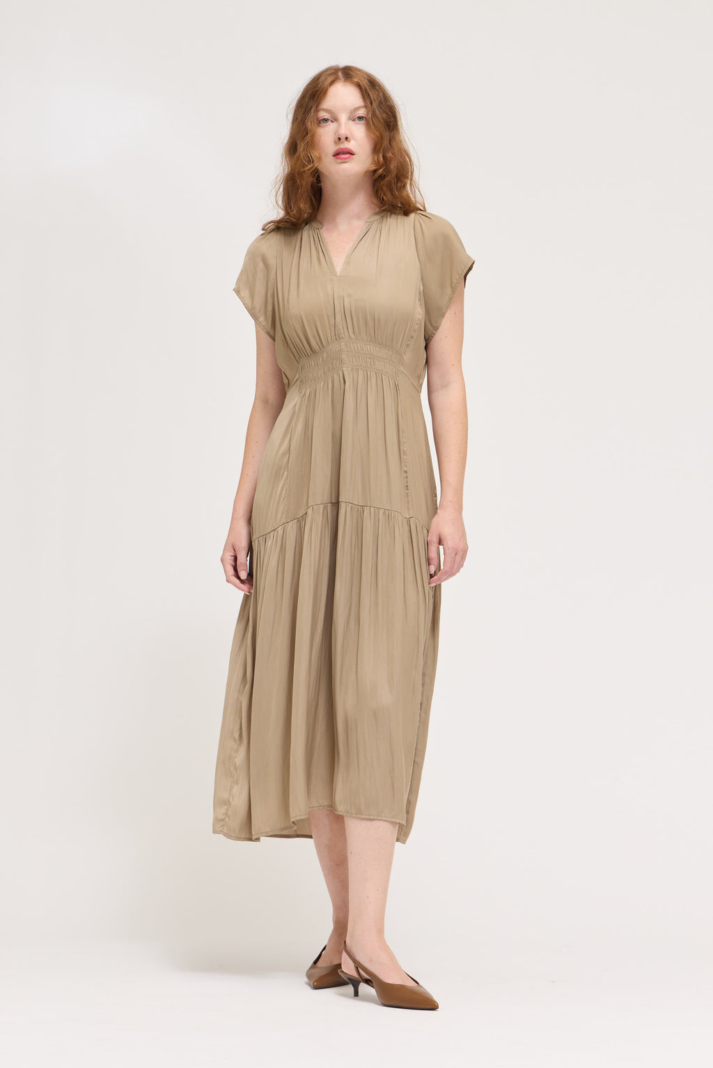 Ruffle Satin Midi Dress in Desert Taupe