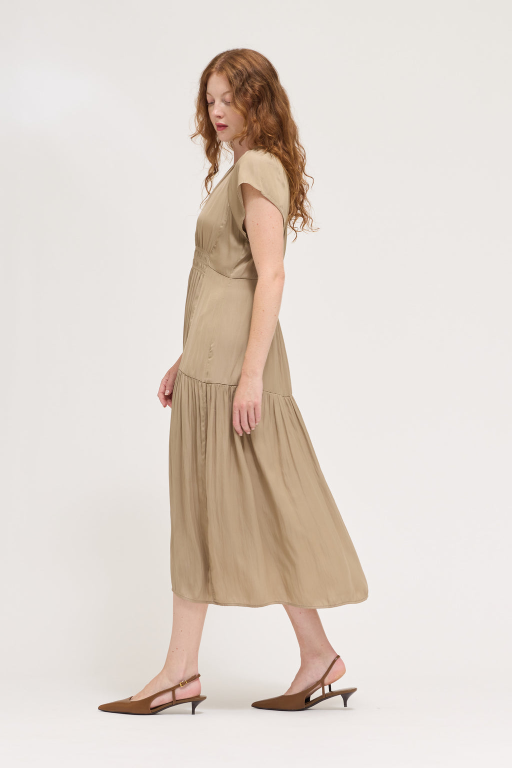 Ruffle Satin Midi Dress in Desert Taupe