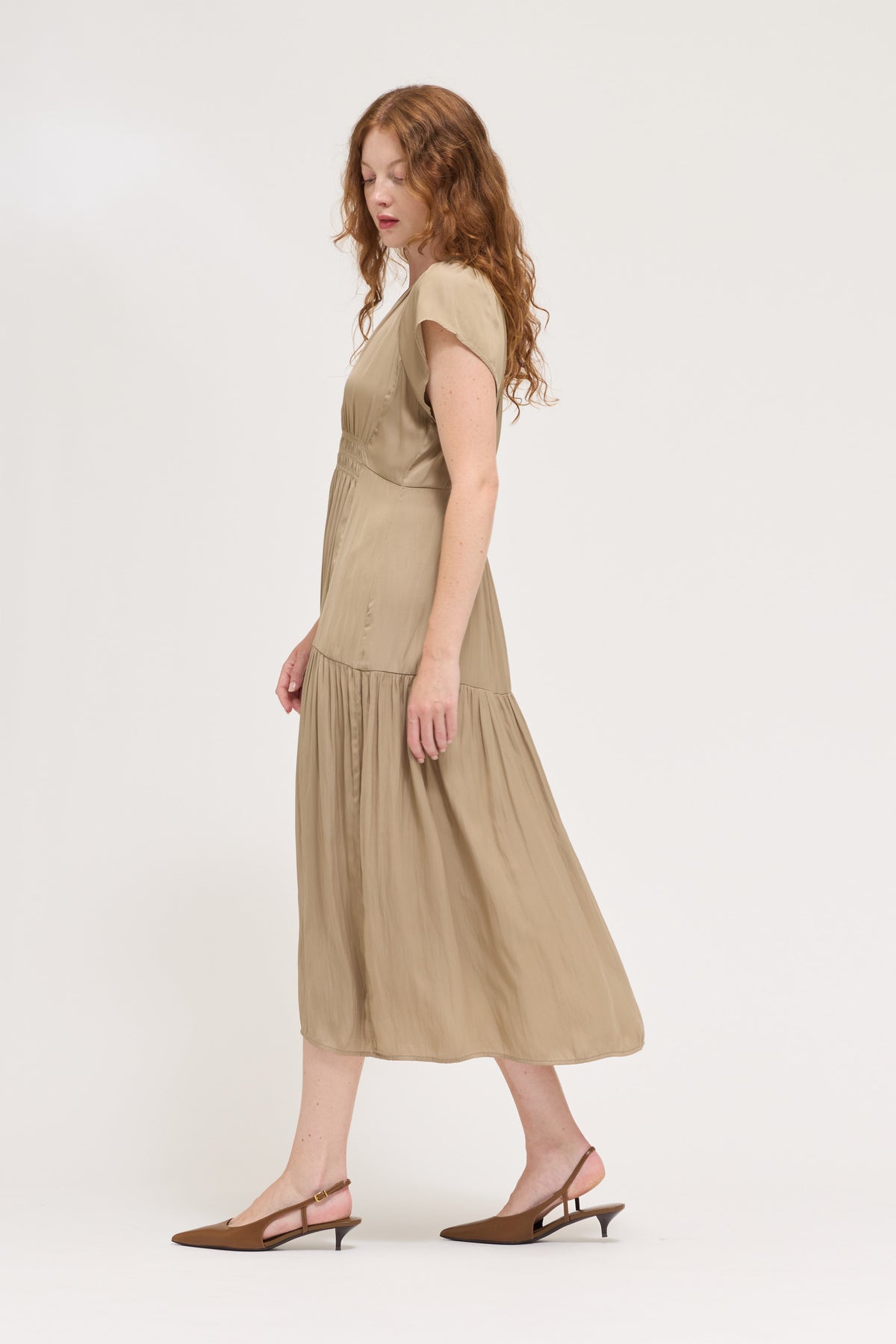 Ruffle Satin Midi Dress in Desert Taupe
