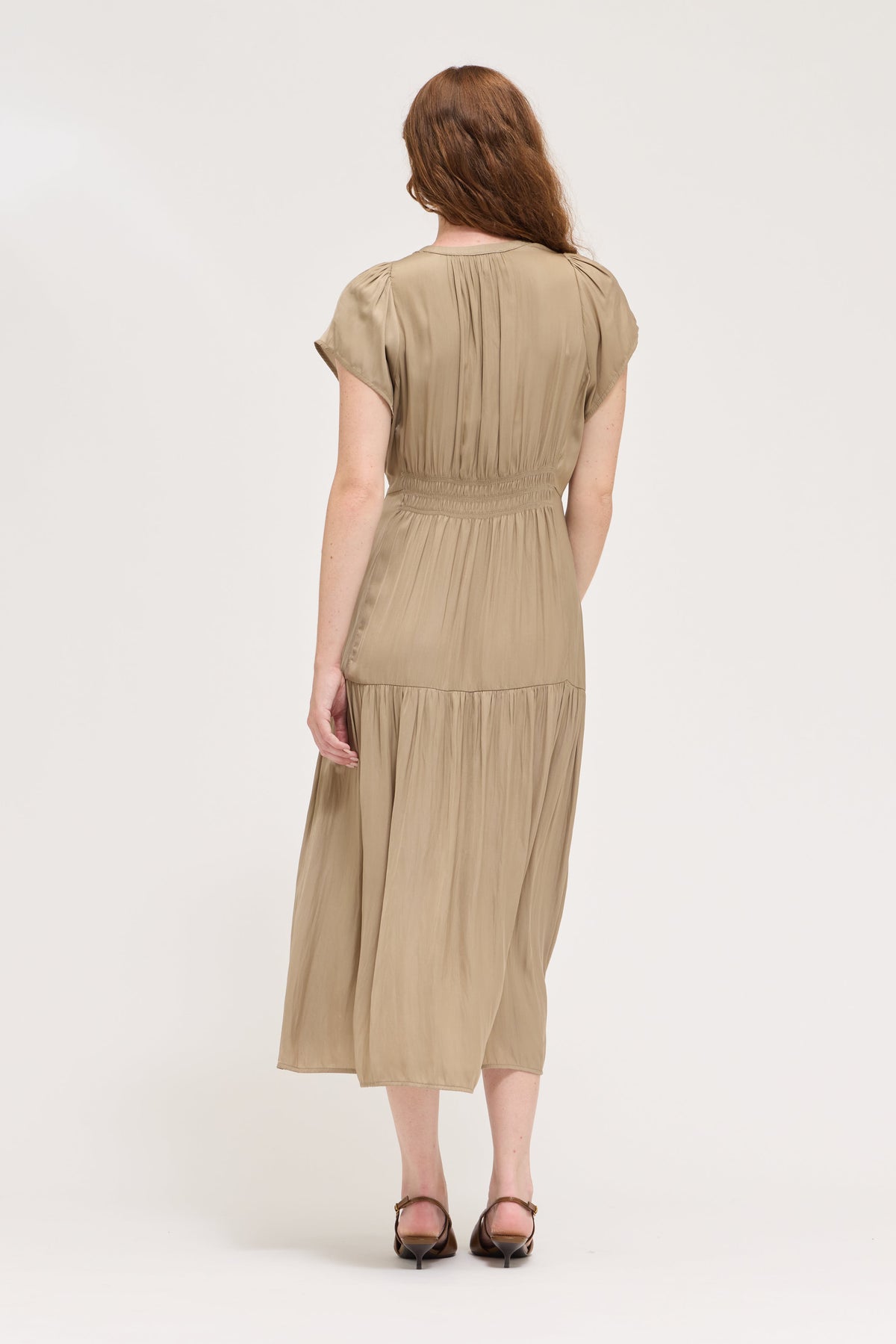 Ruffle Satin Midi Dress in Desert Taupe