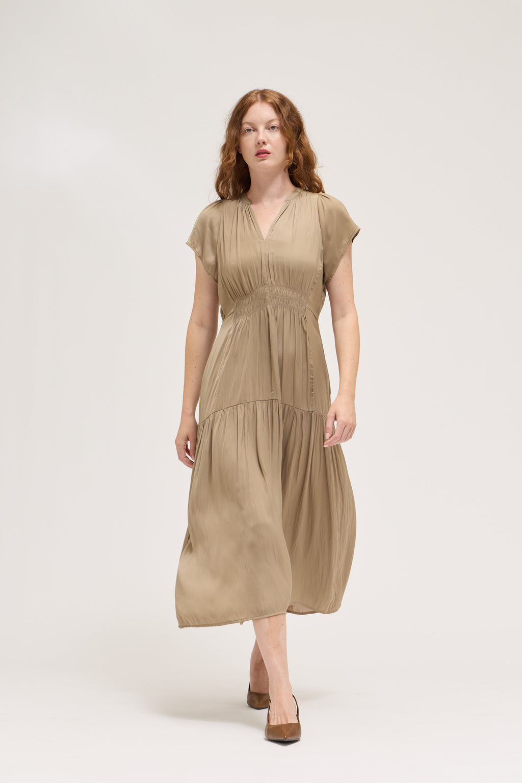 Ruffle Satin Midi Dress in Desert Taupe