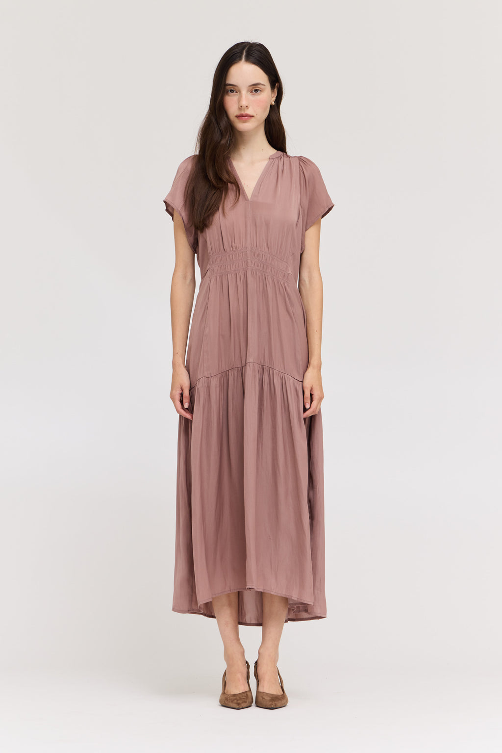 Ruffle Satin Midi Dress in Dusty Lilac