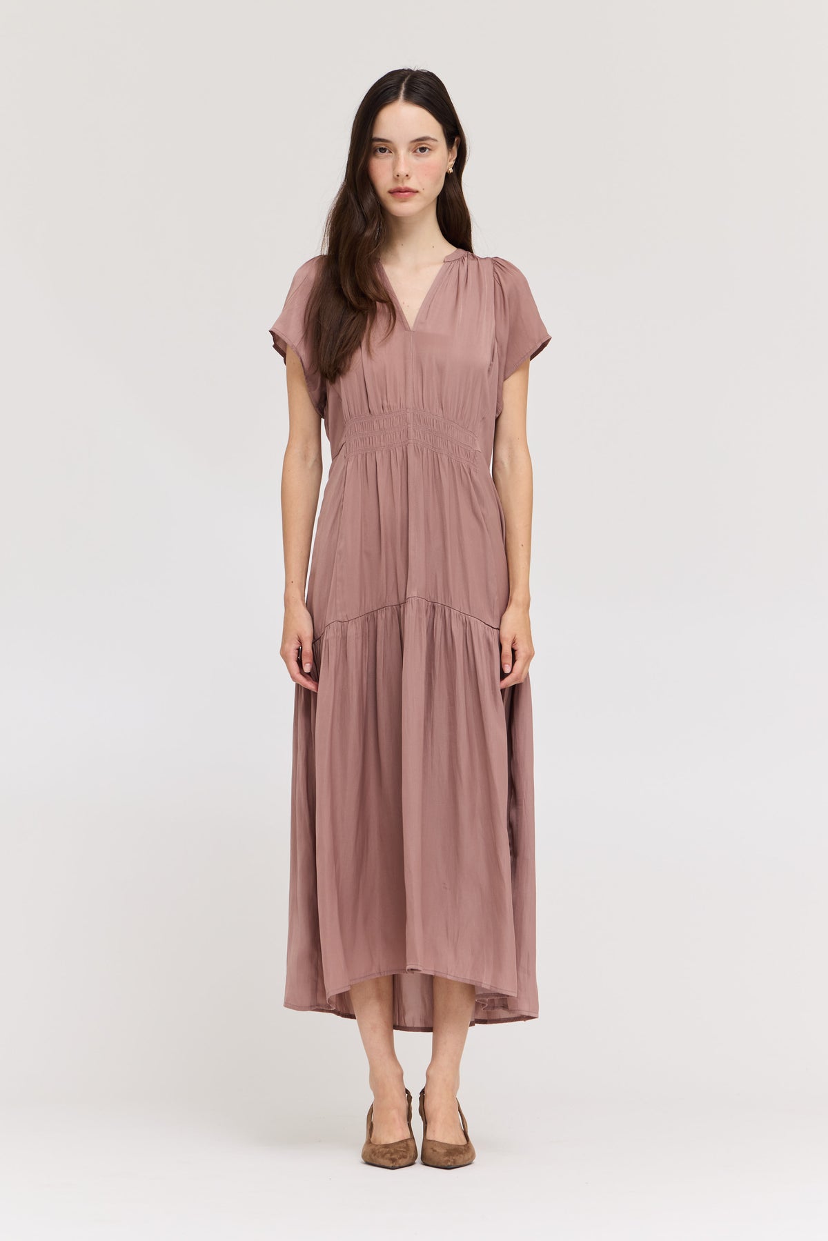 Ruffle Satin Midi Dress in Dusty Lilac