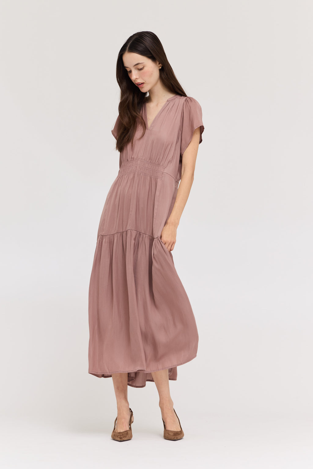 Ruffle Satin Midi Dress in Dusty Lilac