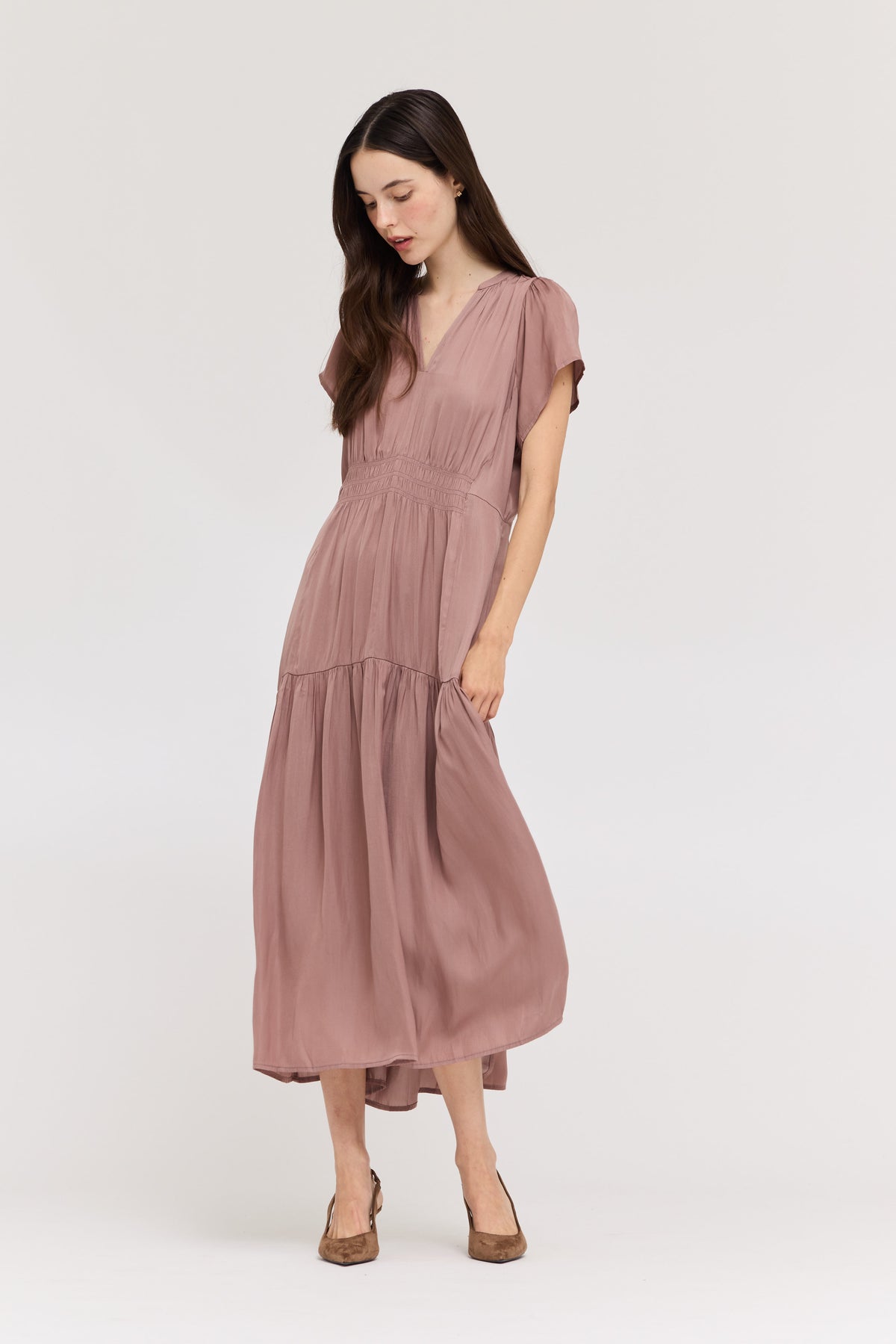 Ruffle Satin Midi Dress in Dusty Lilac