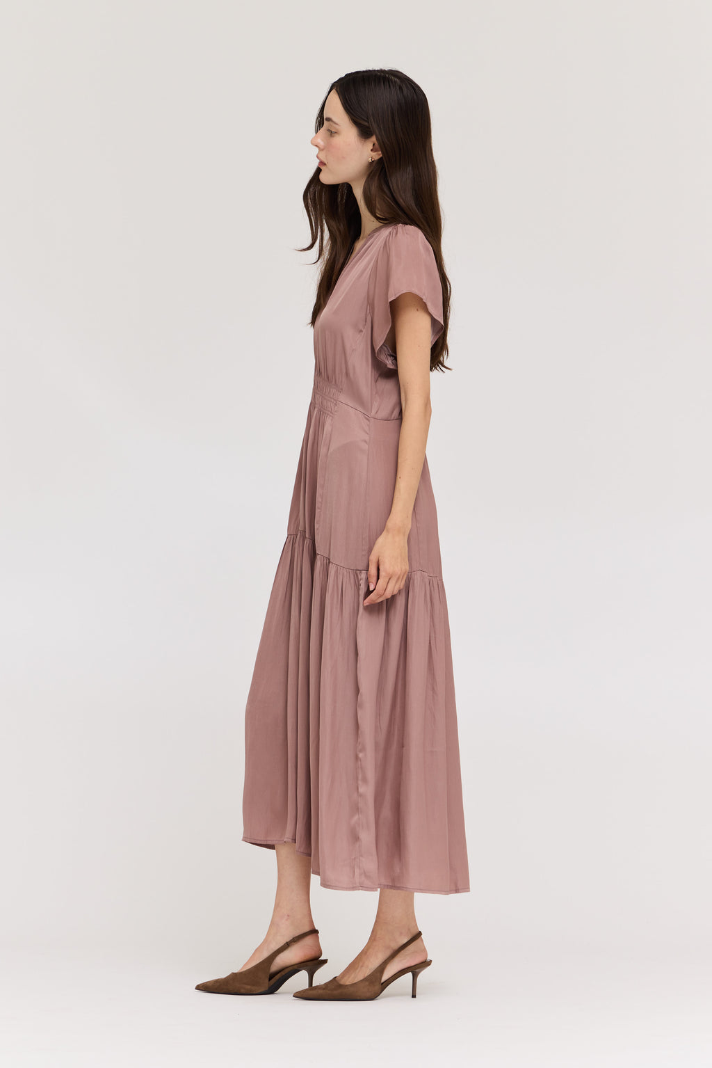 Ruffle Satin Midi Dress in Dusty Lilac