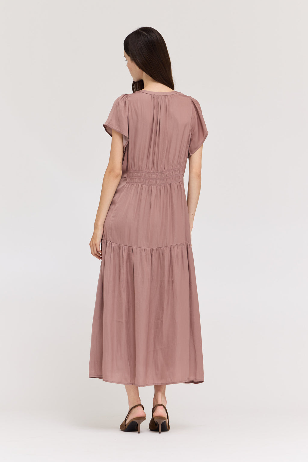 Ruffle Satin Midi Dress in Dusty Lilac