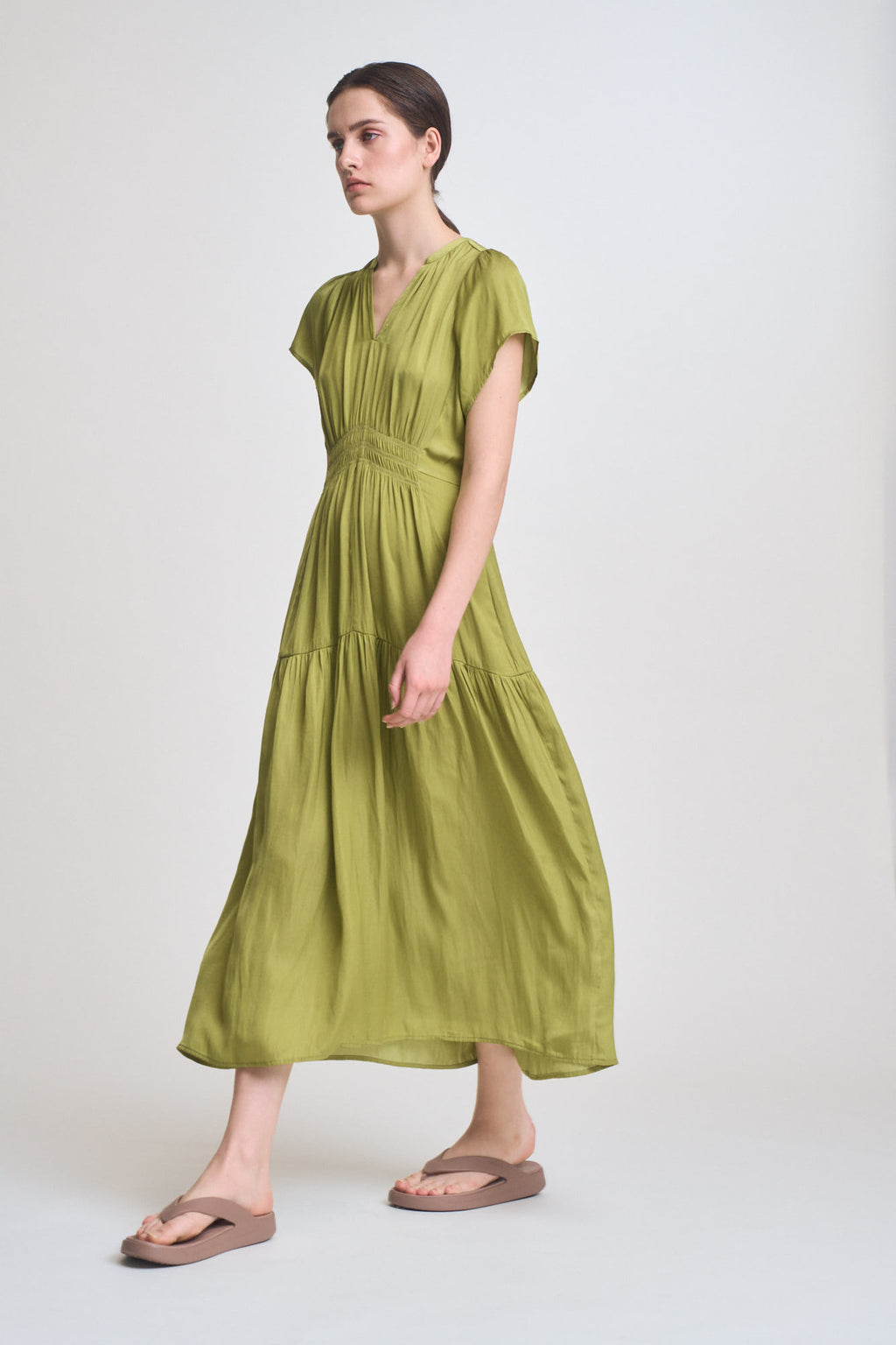Ruffle Satin Midi Dress in Green Moss