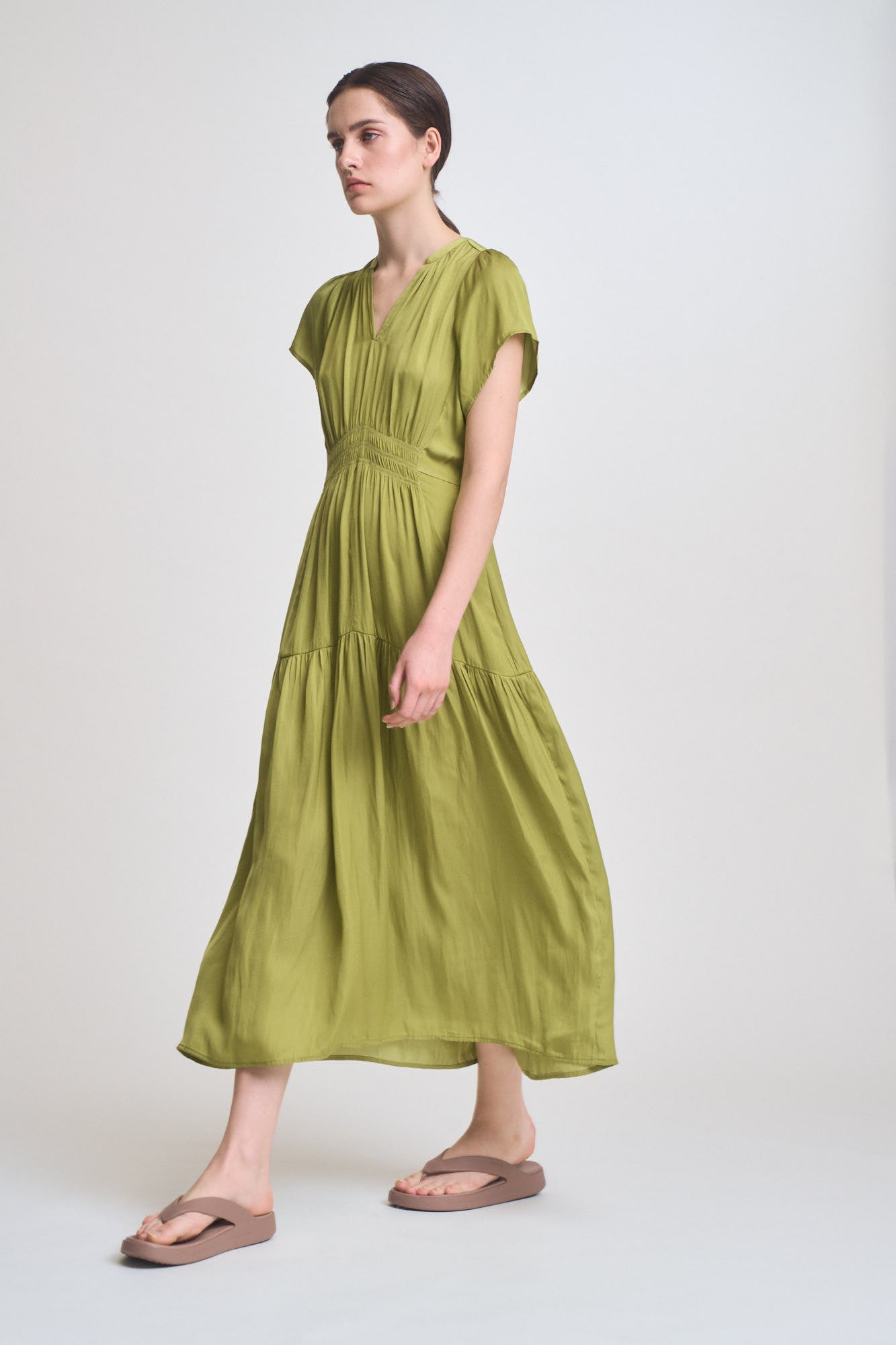 Ruffle Satin Midi Dress in Green Moss