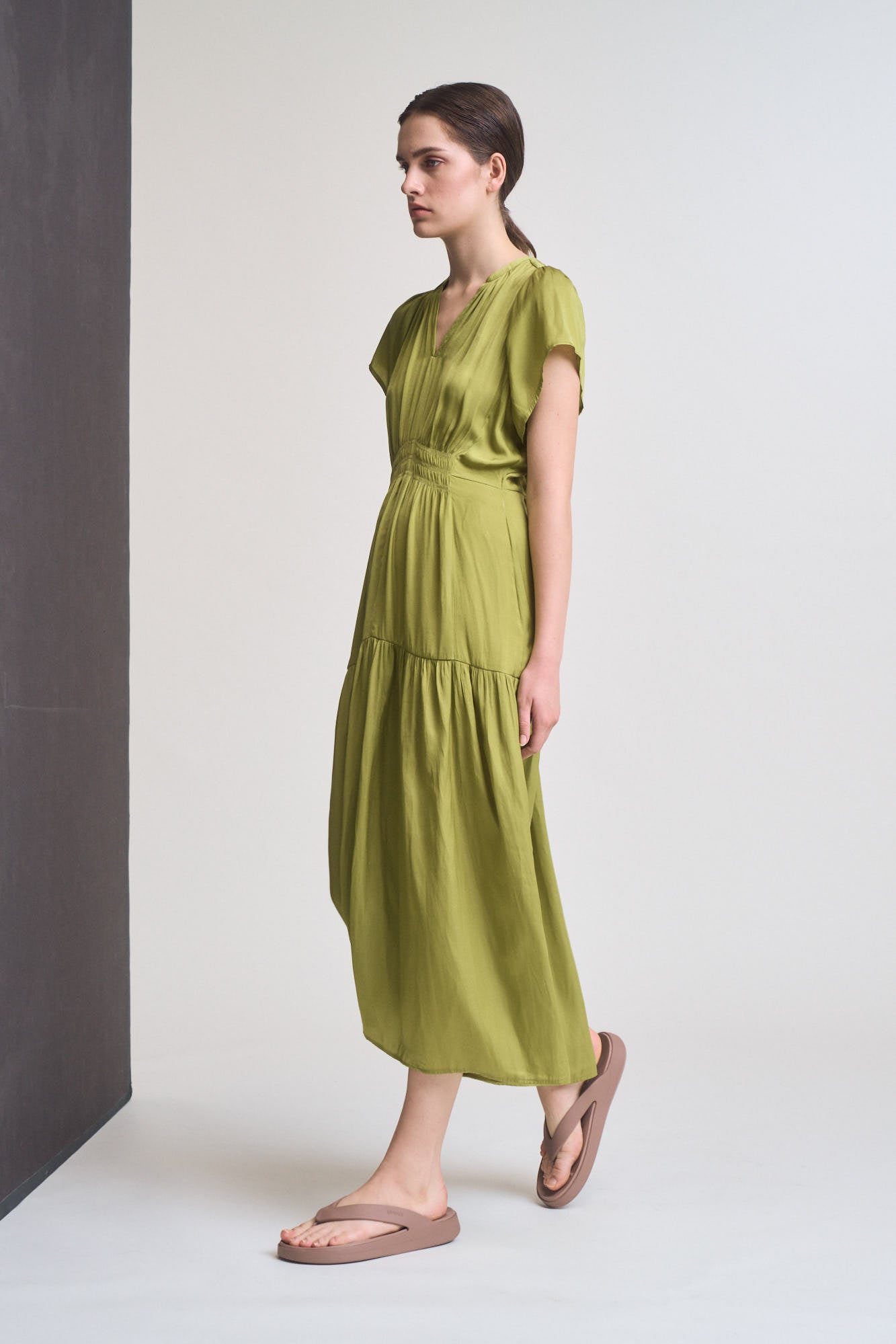 Ruffle Satin Midi Dress in Green Moss