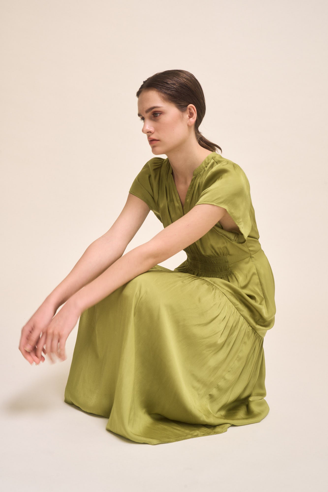 Ruffle Satin Midi Dress in Green Moss