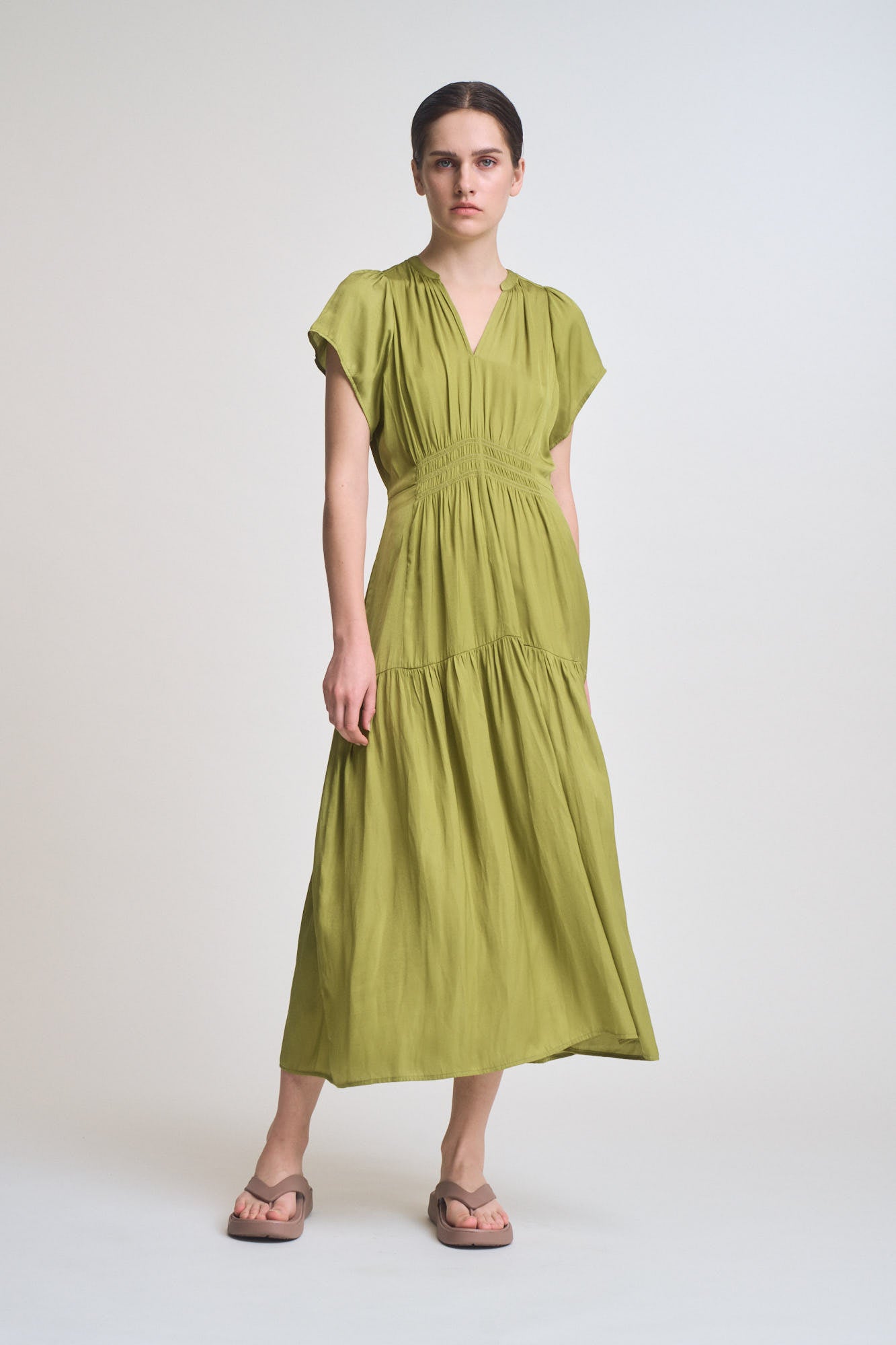 Ruffle Satin Midi Dress in Green Moss