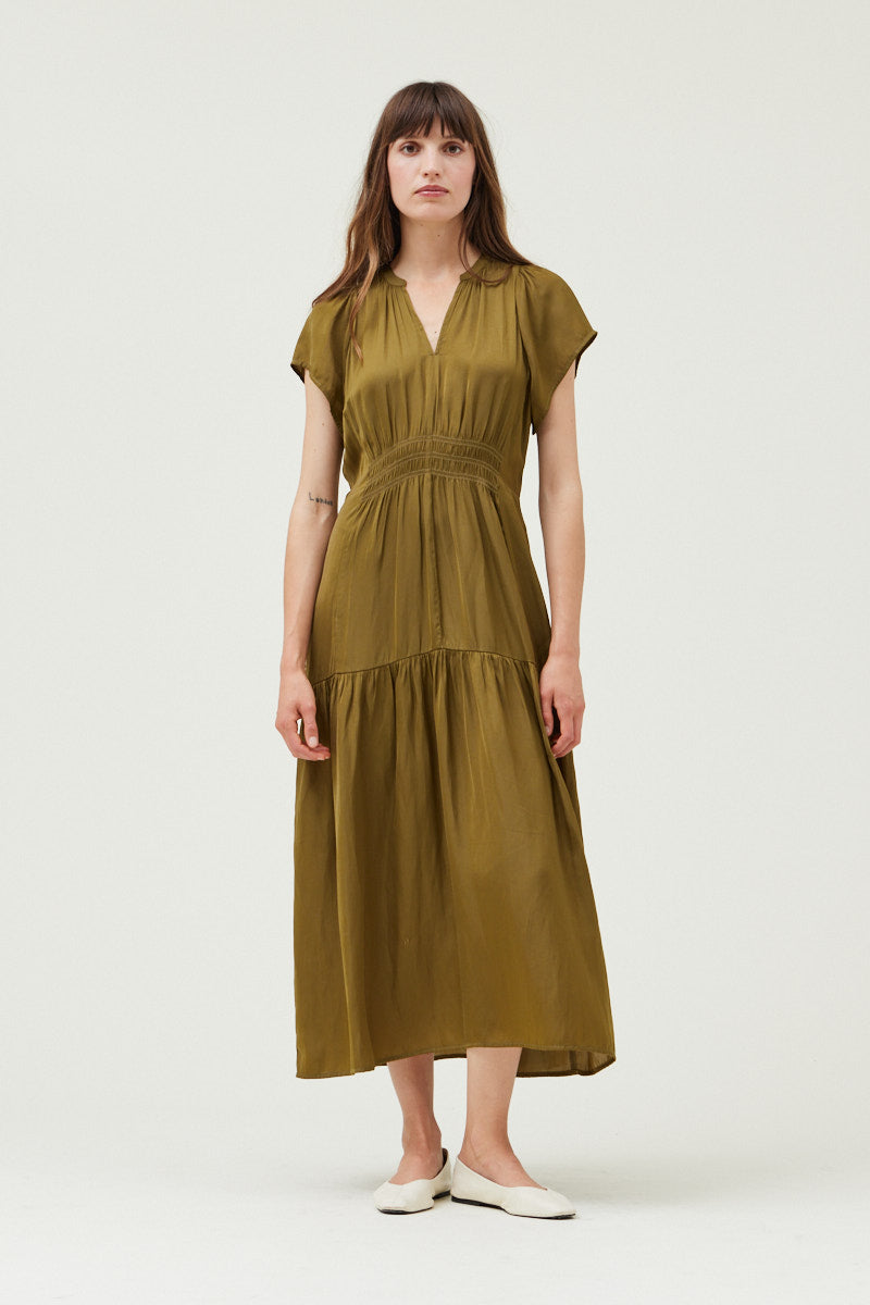 Ruffle Satin Midi Dress in Moss