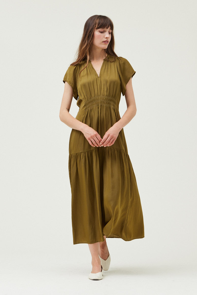 Ruffle Satin Midi Dress in Moss