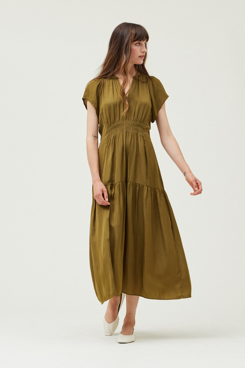 Ruffle Satin Midi Dress in Moss