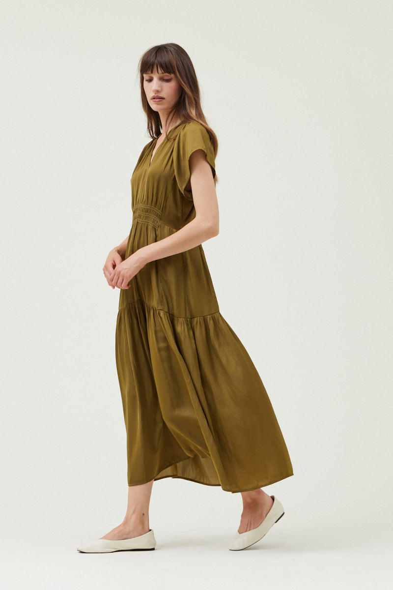 Ruffle Satin Midi Dress in Moss