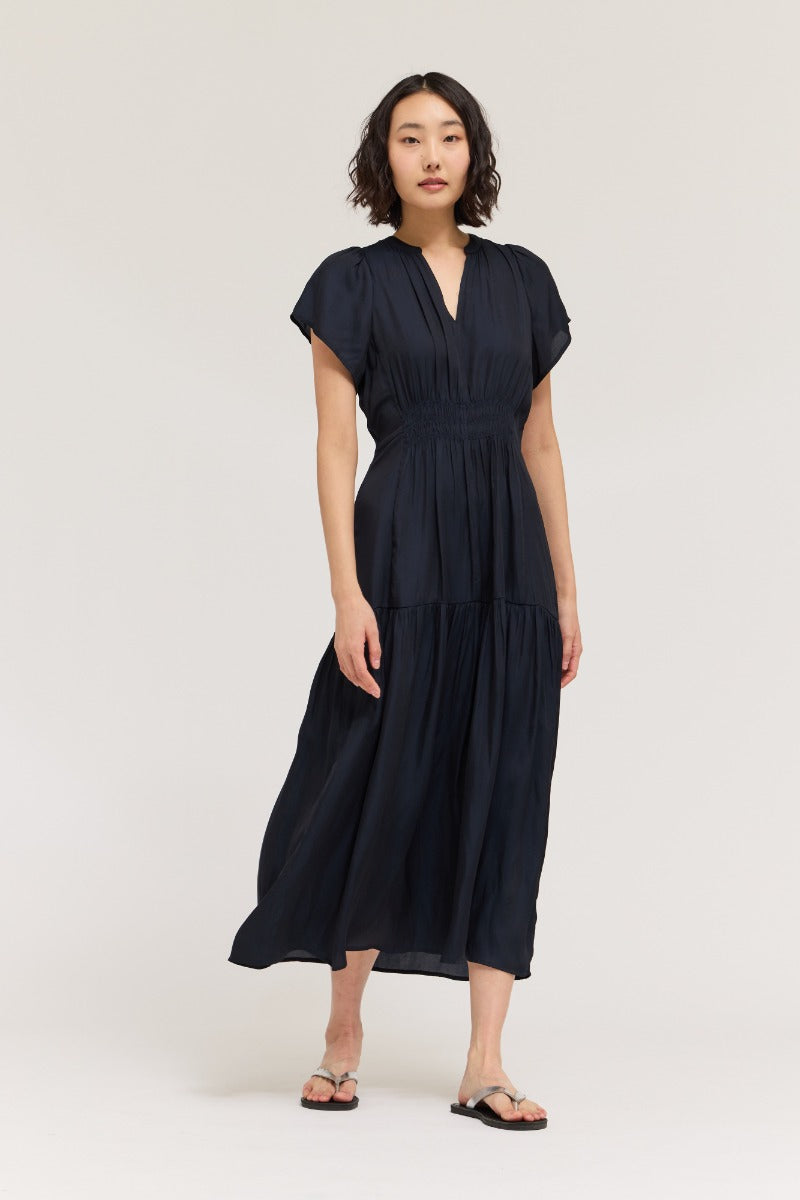 Ruffle Satin Midi Dress in Midnight