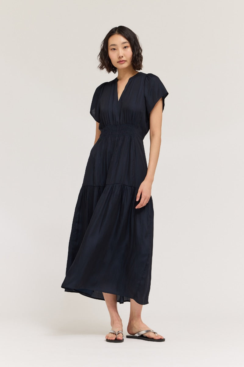 Ruffle Satin Midi Dress in Midnight