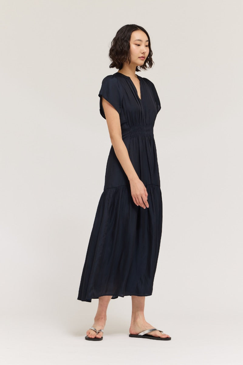 Ruffle Satin Midi Dress in Midnight