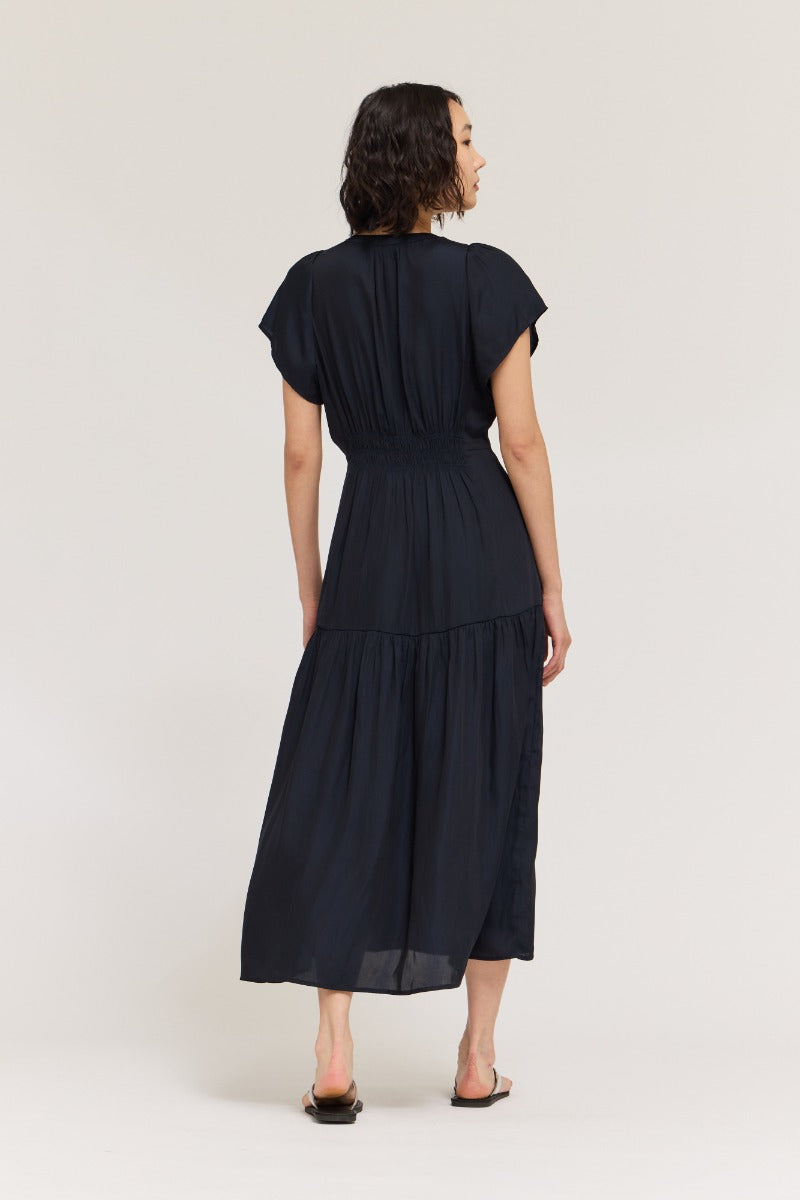 Ruffle Satin Midi Dress in Midnight
