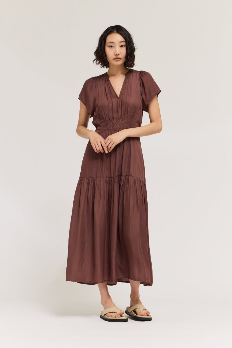 Ruffle Satin Midi Dress in Tobacco