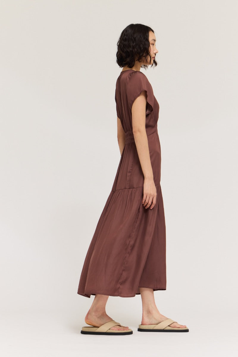 Ruffle Satin Midi Dress in Tobacco