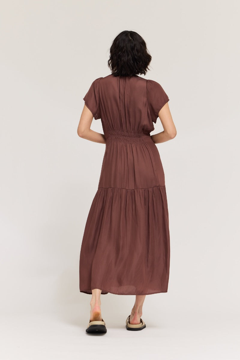 Ruffle Satin Midi Dress in Tobacco