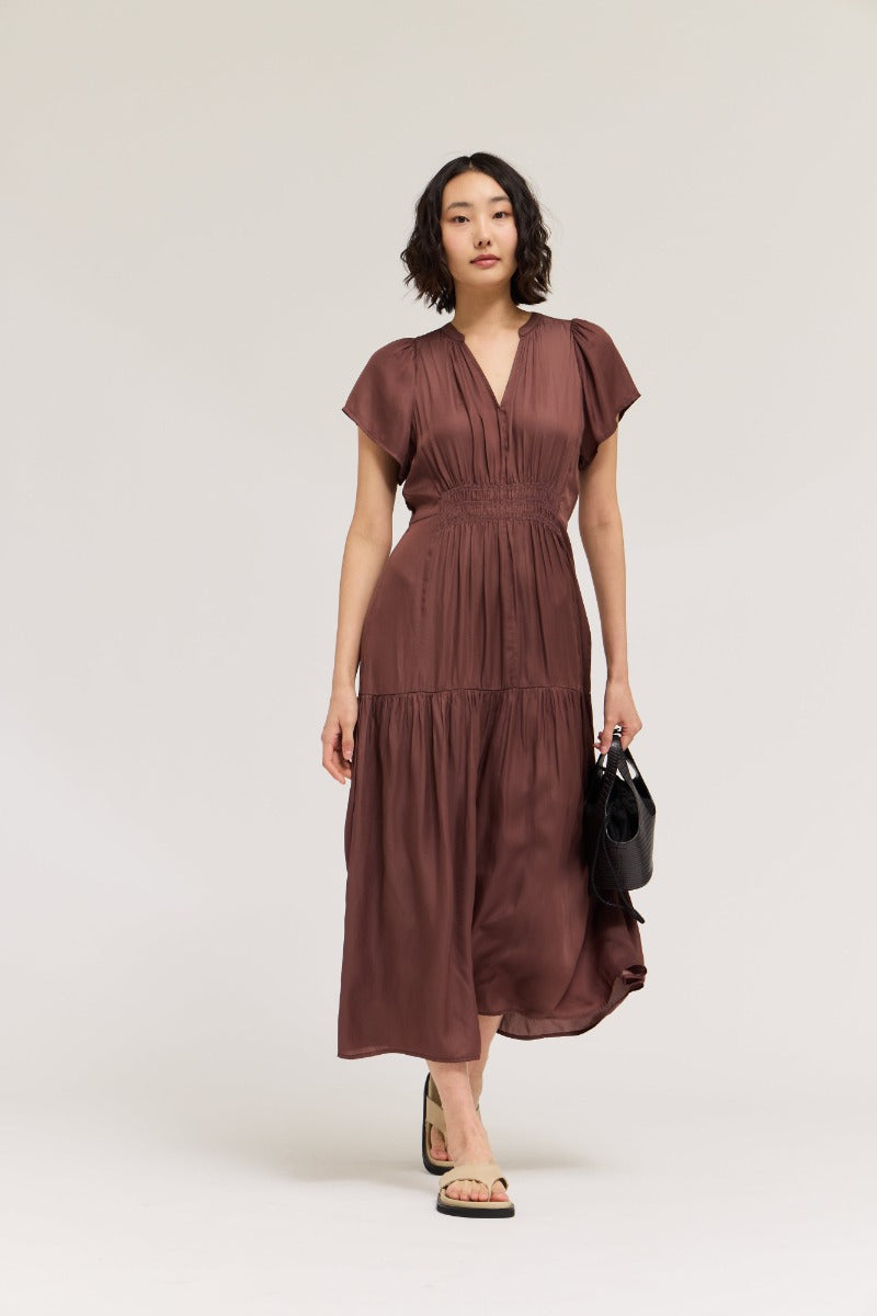 Ruffle Satin Midi Dress in Tobacco