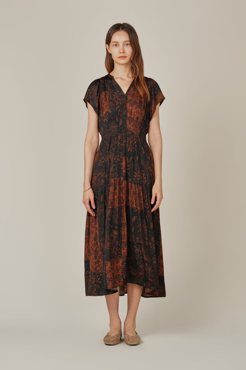 Patchwork Printed Ruffle Satin Midi Dress