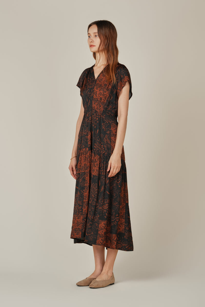 Patchwork Printed Ruffle Satin Midi Dress