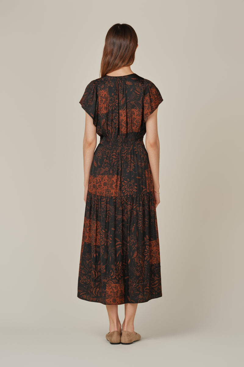 Patchwork Printed Ruffle Satin Midi Dress