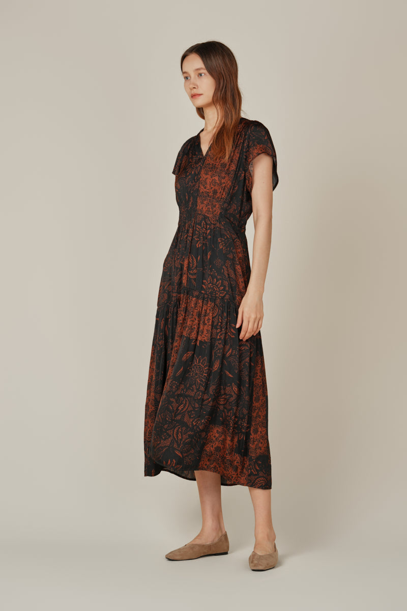 Patchwork Printed Ruffle Satin Midi Dress