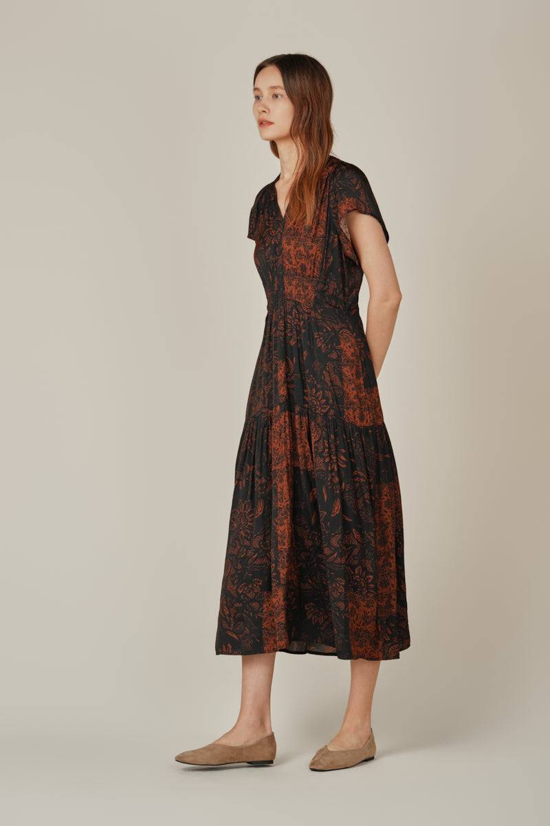 Patchwork Printed Ruffle Satin Midi Dress