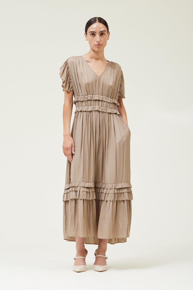Ruffled Satin V- Neck Dress